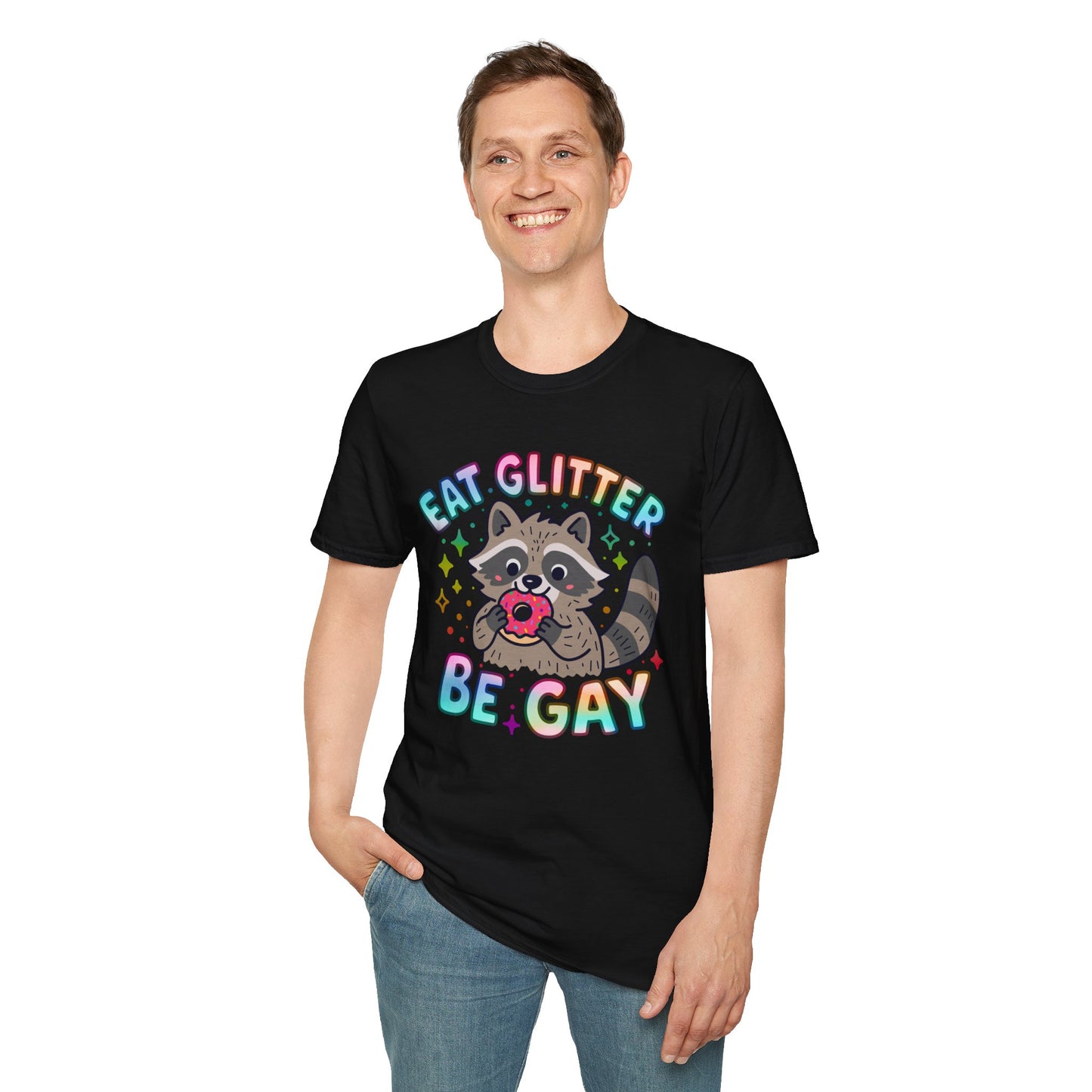 Eat Glitter Be Gay Raccoon T-Shirt – Cute LGBTQ+ Pride Shirt – Unisex Tee