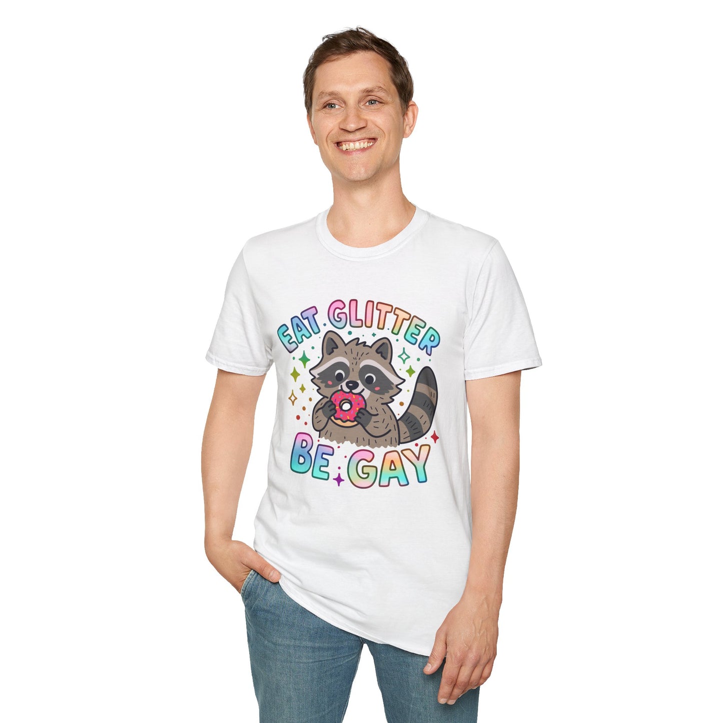 Eat Glitter Be Gay Raccoon T-Shirt – Cute LGBTQ+ Pride Shirt – Unisex Tee